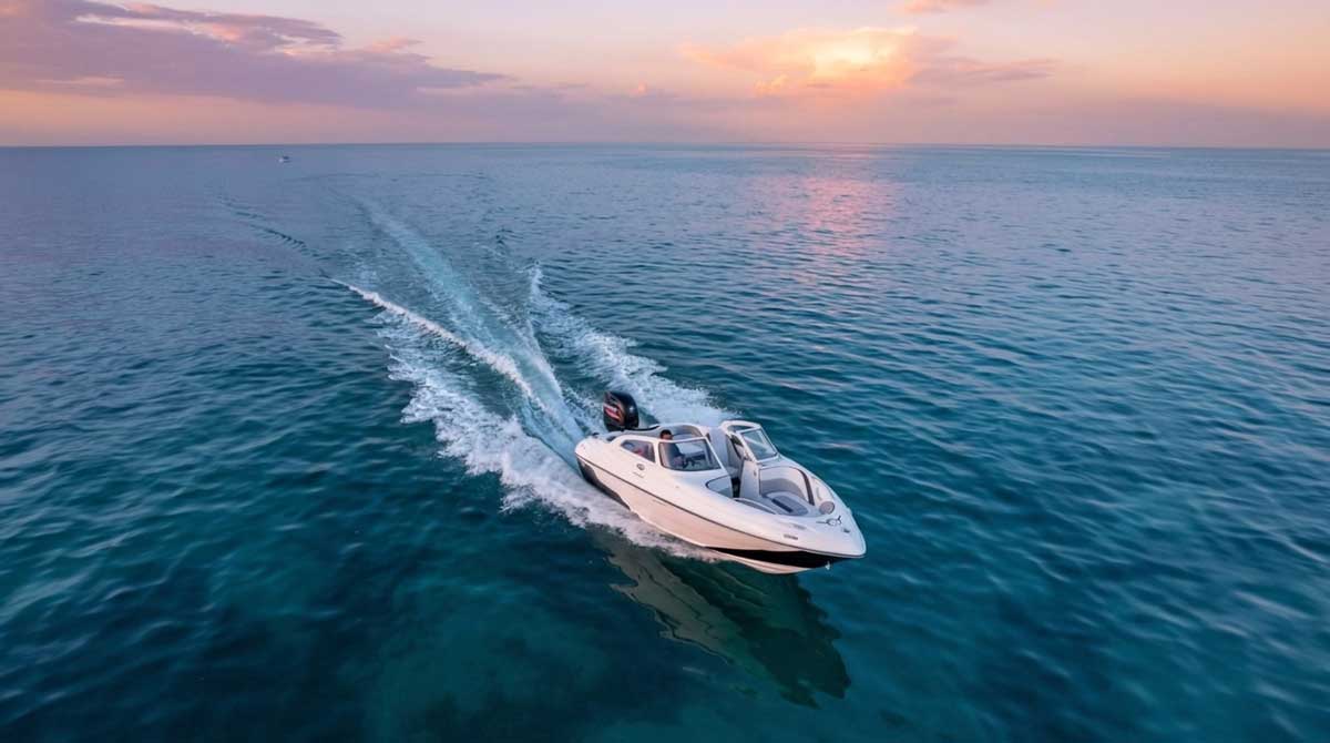 About Reyhani Motors; a motorized recreational boat underway at sunset